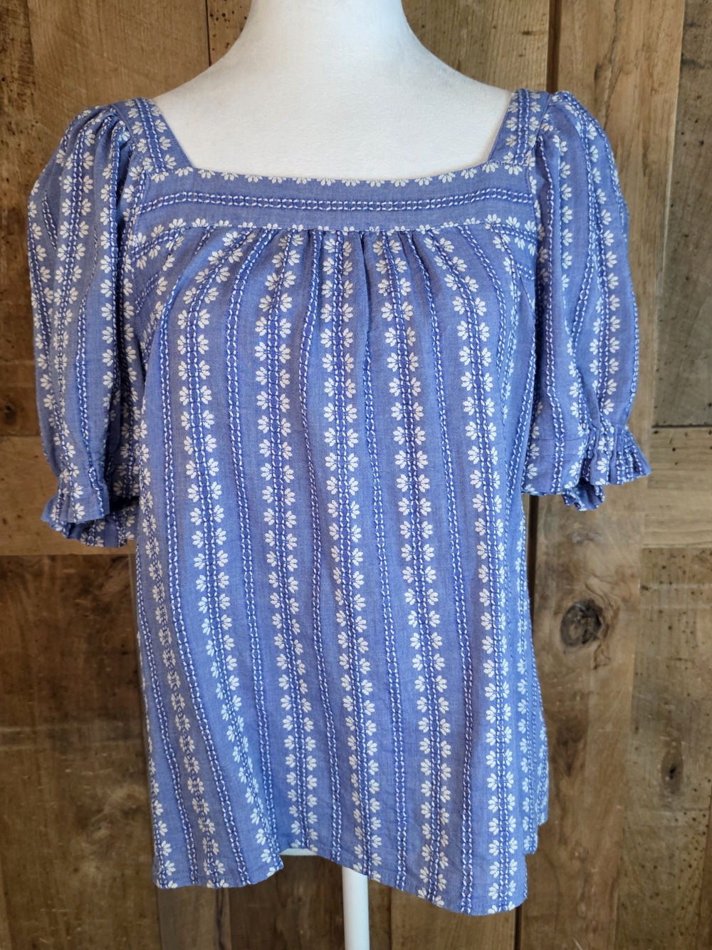 LOFT Blue Floral Square Neck Puff Sleeve Blouse Size S Cottagecore